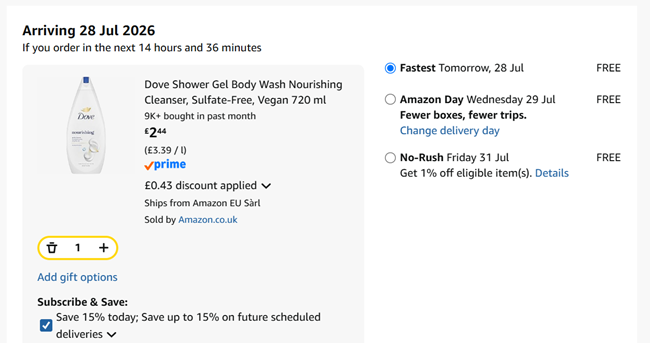 Screenshot showing Dove Shower Gel Body Wash Nourishing Cleanser 720 ml for £2.44 @ Amazon