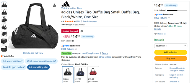 Screenshot showing adidas Tiro Small Duffle Bag, Black/White for £14.60 at Amazon