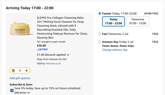 Screenshot showing Elemis Pro-Collagen Cleansing Balm 100g for £26.60 at Amazon