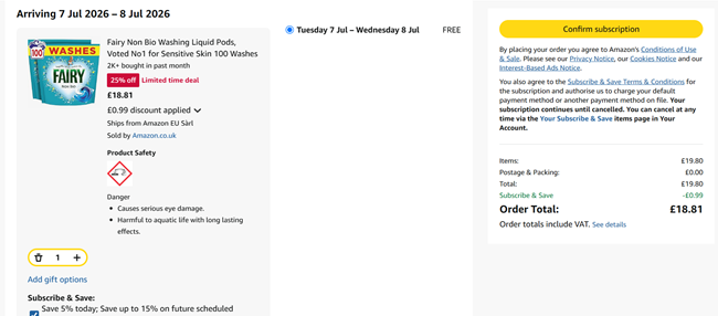 Screenshot showing Fairy Non Bio Washing Liquid Pods 100 Washes for £18.81 at Amazon