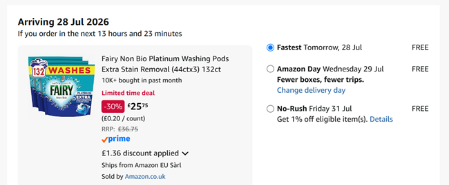 Screenshot showing Fairy Non Bio Platinum Washing Pods Extra Stain Removal (44 x 3) 132 for £25.75 at Amazon