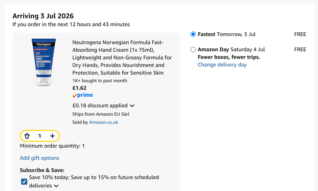 Screenshot showing Neutrogena Norwegian Formula Fast-Absorbing Hand Cream 75ml for £1.62 at Amazon