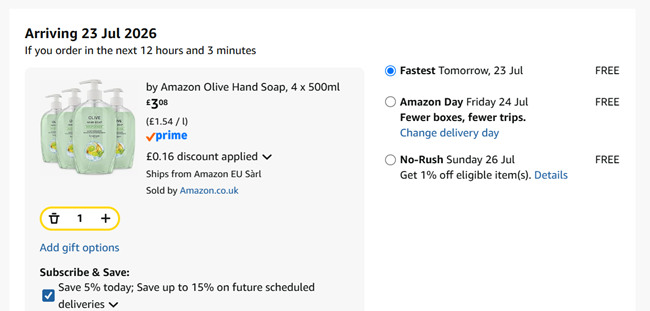 Screenshot showing by Amazon Olive Hand Soap, 4 x 500ml for £3.08 at Amazon