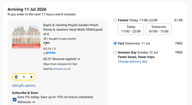 Screenshot showing Baylis & Harding Royale Garden Peach Peony & Jasmine Hand Wash, 500 ml (Pack of 6) for £7.05 at Amazon
