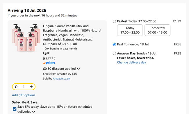Screenshot showing Original Source Handwash 6 x 300 ml for £5.70 at Amazon