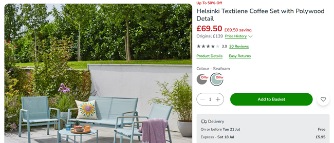 Screenshot showing Helsinki Textilene Coffee Set with Polywood Detail Seafoam Green for £69.50 at Dunelm