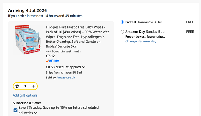 Screenshot showing Huggies Pure Plastic Free Baby Wipes - Pack of 10 (480 Wipes) for £7.12 at Amazon