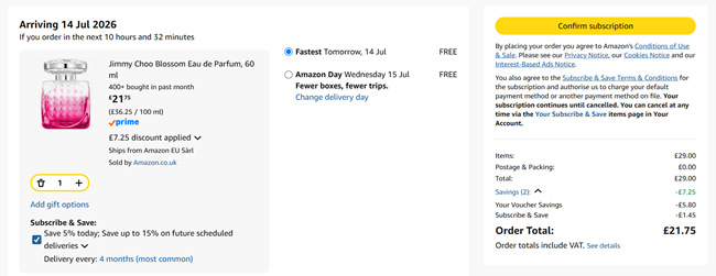 Screenshot showing Jimmy Choo Blossom Eau de Parfum 60ml for £21.75 at Amazon