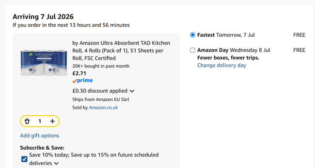 Screenshot showing by Amazon Ultra Absorbent TAD Kitchen Roll, 4 Rolls for £2.71 at Amazon