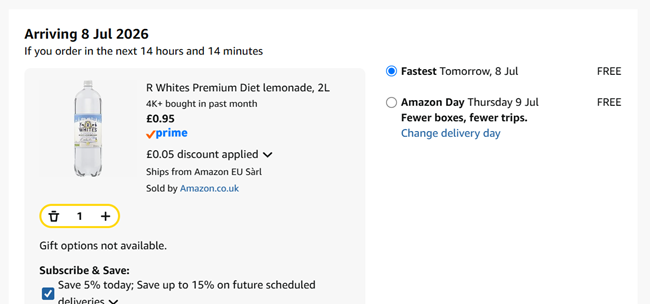 Screenshot showing R Whites Premium Diet Lemonade 2L for 95p at Amazon