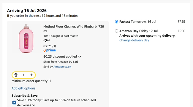 Screenshot showing Method Floor Cleaner Wild Rhubarb 739 ml for £2.02 at Amazon