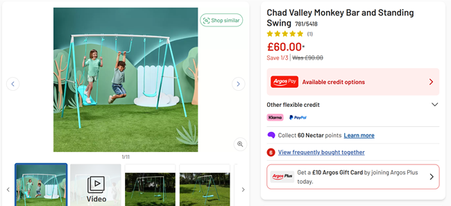 Screenshot showing Chad Valley Monkey Bar and Standing Swing for £60 at Argos