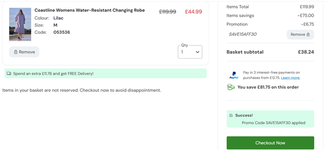 Screenshot showing Coastline Women's Changing Robe for £38.24 with code in basket at Mountain Warehouse