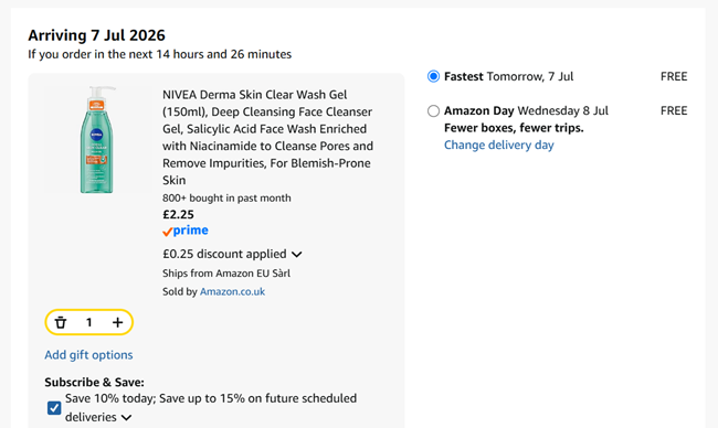 Screenshot showing NIVEA Derma Skin Clear Wash Gel 150ml for £2.25 at Amazon
