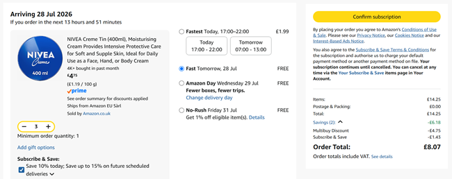 Screenshot showing Nivea Creme Tin 400ml 3 for £8.07 at Amazon 