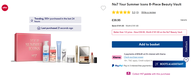 Screenshot showing No7 Your Summer Icons 8-Piece Beauty Vault for £39.95 at Boots