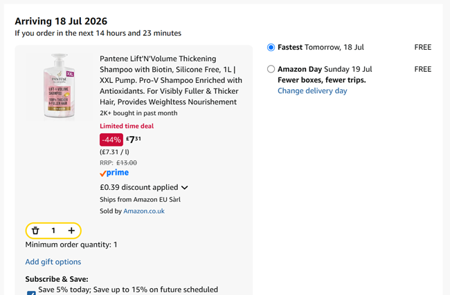 Screenshot showing Pantene Lift'N'Volume Thickening Shampoo 1L XXL Pump for £7.31 at Amazon