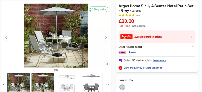 Screenshot showing Argos Home Sicily 4 Seater Metal Patio Set Grey for £90 at Argos
