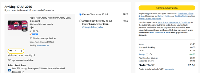 Screenshot showing Pepsi Max Cherry Cans, 8 x 330ml for £2.65 at Amazon