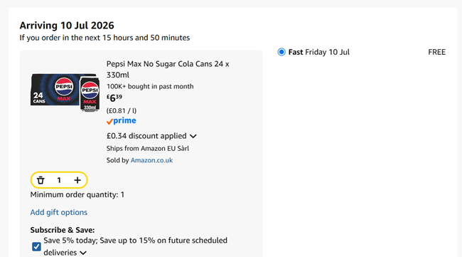 Screenshot showing Pepsi Max No Sugar Cola Cans 24 x 330ml for £6.39 at Amazon