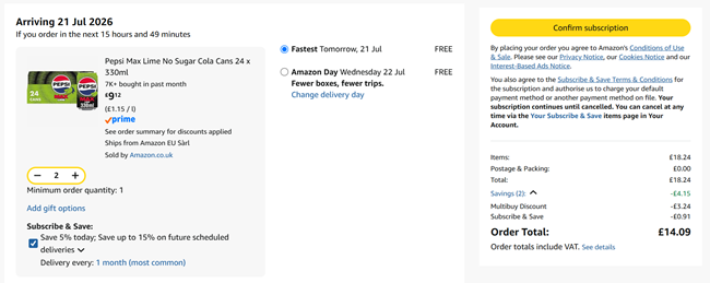 Screenshot showing Pepsi Max Lime No Sugar Cola Cans 24 x 330ml 2 for £14.09 at Amazon