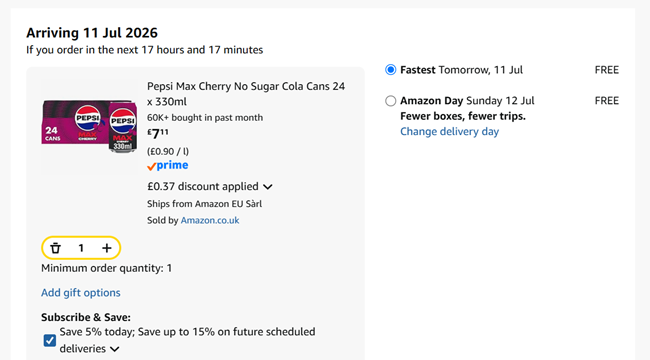 Screenshot showing Pepsi Max Cherry No Sugar Cola Cans 24 x 330ml for £7.11 at Amazon