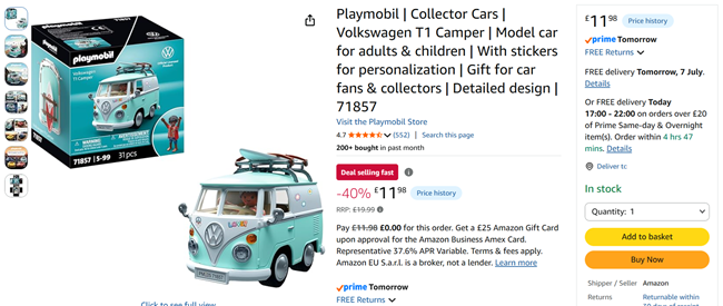 Screenshot showing Playmobil Collector Cars Volkswagen T1 Camper 71857 for £11.98 at Amazon