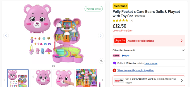Screenshot showing Polly Pocket x Care Bears Dolls & Playset with Toy Car for £12.50 at Argos
