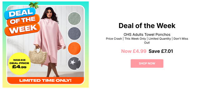 Screenshot showing Selected OHS Adult Towel Ponchos now £4.99 each at Online Home Shop