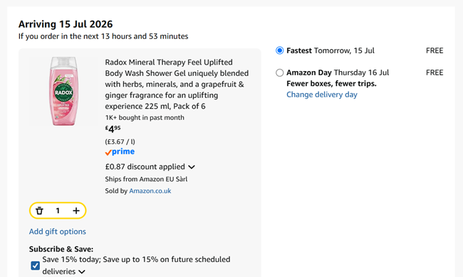 Screenshot showing Radox Mineral Therapy Feel Uplifted Body Wash Shower Gel 225 ml, Pack of 6 for £4.95 at Amazon