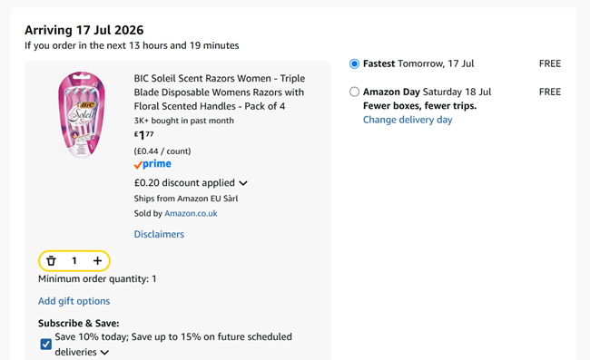 Screenshot showing BIC Soleil Scent Razors Women Triple Blade Pack of 4 for £1.77 at Amazon