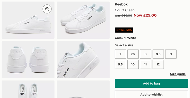 Screenshot showing Reebok Court Clean Men's Trainers for £25 at JD Sports