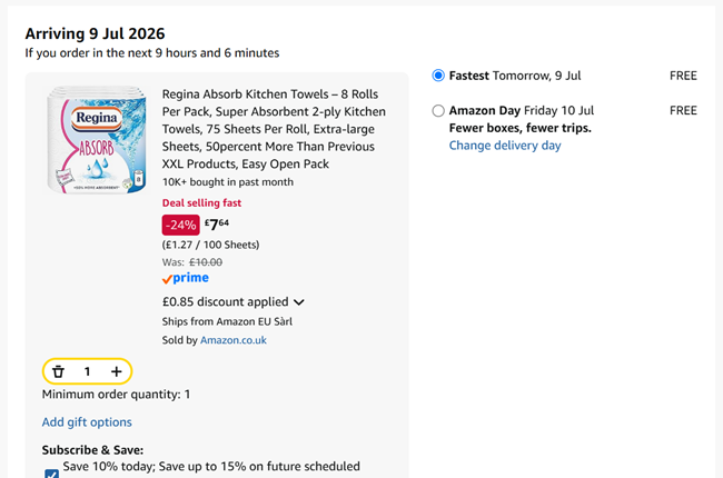 Screenshot showing Regina Absorb XXL Kitchen Towels 8 Rolls for £7.64 at Amazon