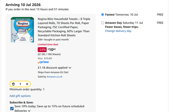 Screenshot showing Regina Blitz Household Towels – 8 Triple Layered Rolls for £10.62 at Amazon