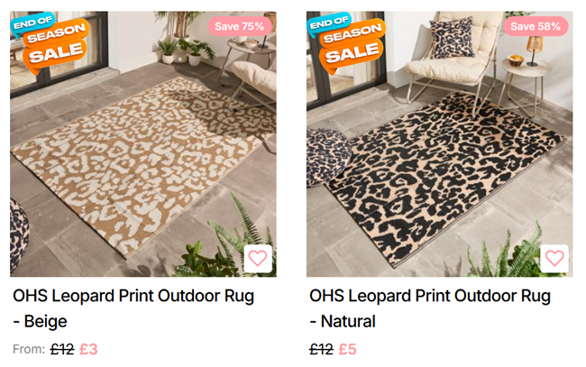 Screenshot showing Leopard Print Outdoor Rugs from £3 at Online Home Shop