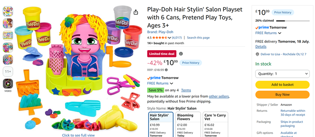 Screenshot showing Play-Doh Hair Stylin' Salon Playset for £10.99 at Amazon