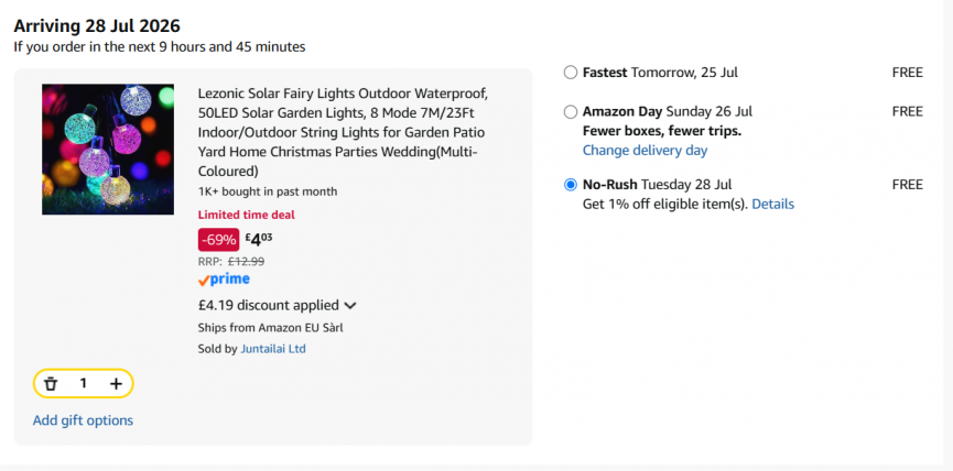 Solar Fairy Lights (50 LED, 8 Modes) £4.03 @ Amazon/Juntailai Ltd