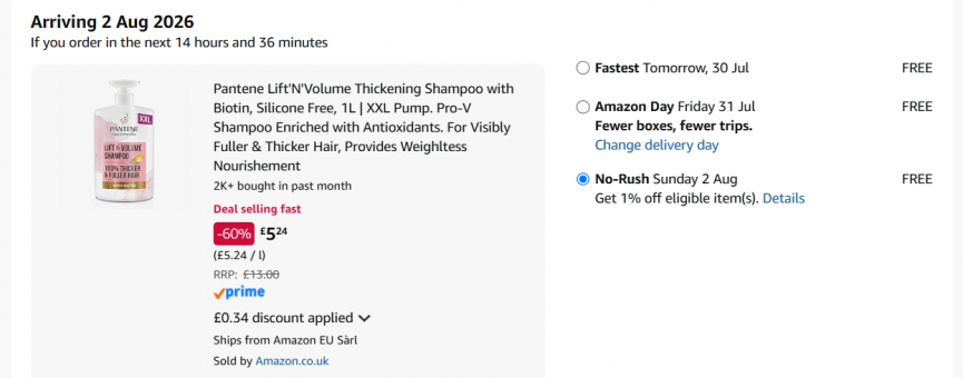 Pantene Lift'N'Volume Thickening Shampoo 1L XXL Pump £5.24 @ Amazon