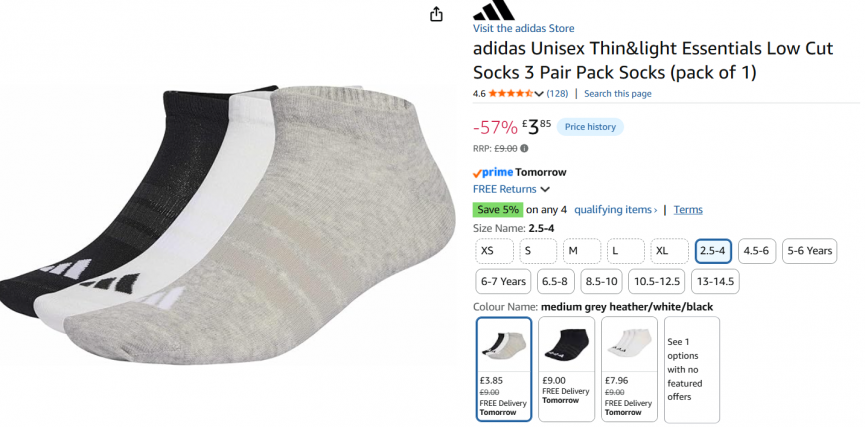 adidas Essentials Low Cut Socks 3-Pack from £3.85 @ Amazon