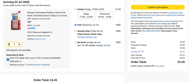 Screenshot showing Sharpie Permanent Markers Ultra-Fine Point Assorted Classic Colours 4 Pack for £2.45 at Amazon
