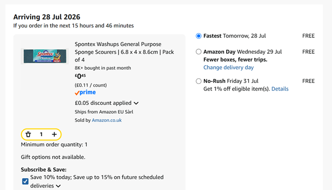 Screenshot showing Spontex Washups General Purpose Sponge Scourers Pack of 4 for 45p at Amazon