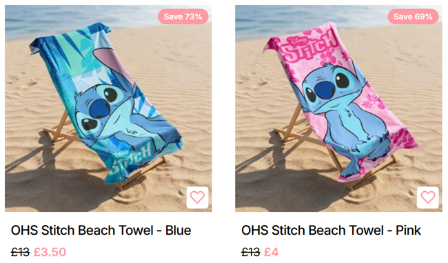 Screenshot showing Disney Stitch Beach Towels at Online Home Shop