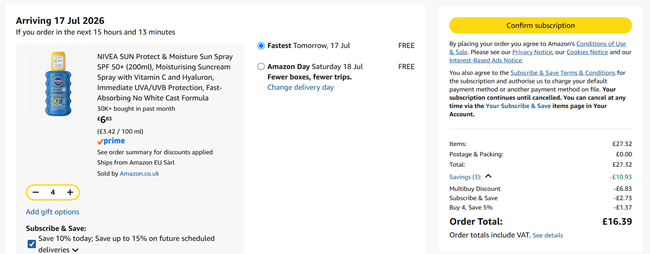 Screenshot showing NIVEA SUN Protect & Moisture Sun Spray SPF 50+ 200ml 4 for £16.39 at Amazon