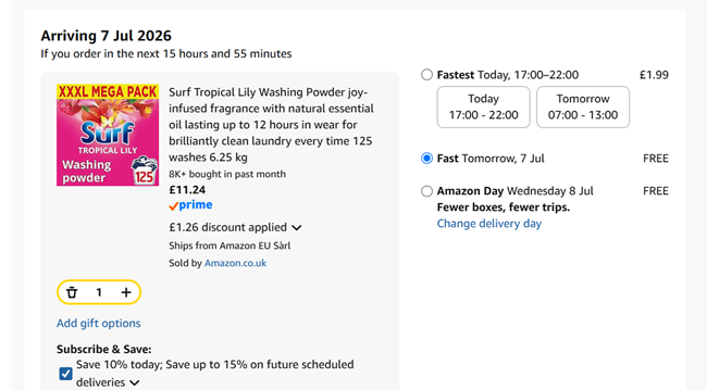 Screenshot showing Surf Tropical Lily Washing Powder 125 washes 6.25 kg for £11.24 at Amazon