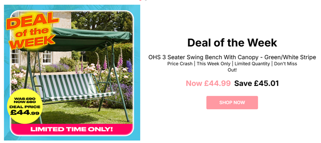 Screenshot showing OHS 3 Seater Swing Bench With Canopy for £44.99 at Online Home Shop