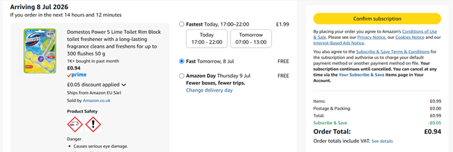 Screenshot showing Domestos Power 5 Lime Toilet Rim Block 50g for 94p at Amazon