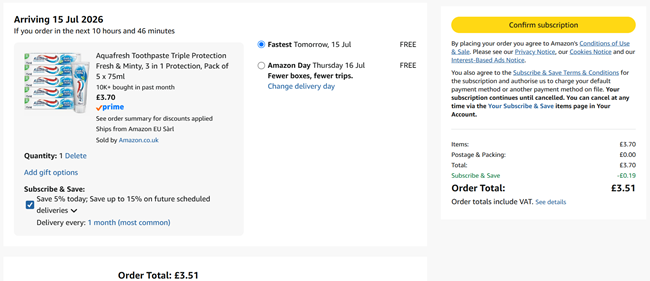 Screenshot showing Aquafresh Toothpaste Triple Protection Fresh & Minty, Pack of 5 x 75ml for £3.51 at Amazon