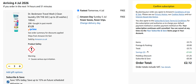 Screenshot showing Dr. Beckmann Travel Wash 3 for £2.12 at Amazon