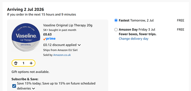 Screenshot showing Vaseline Original Lip Therapy 20g for 63p at Amazon