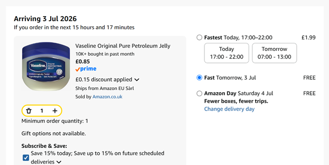 Screenshot showing Vaseline Original Pure Petroleum Jelly 50ml for 85p at Amazon